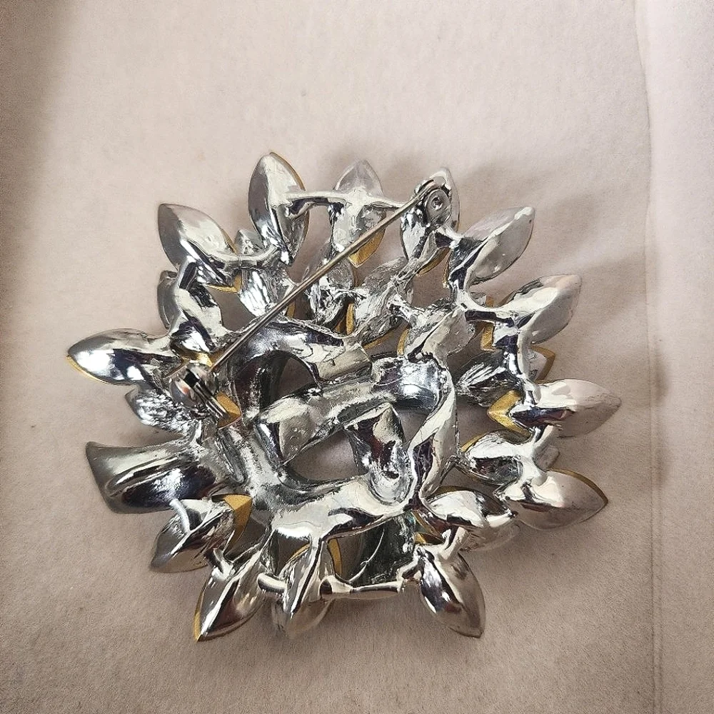 Large Statement Silver Iridescent Crystal Stones Brooch Pin